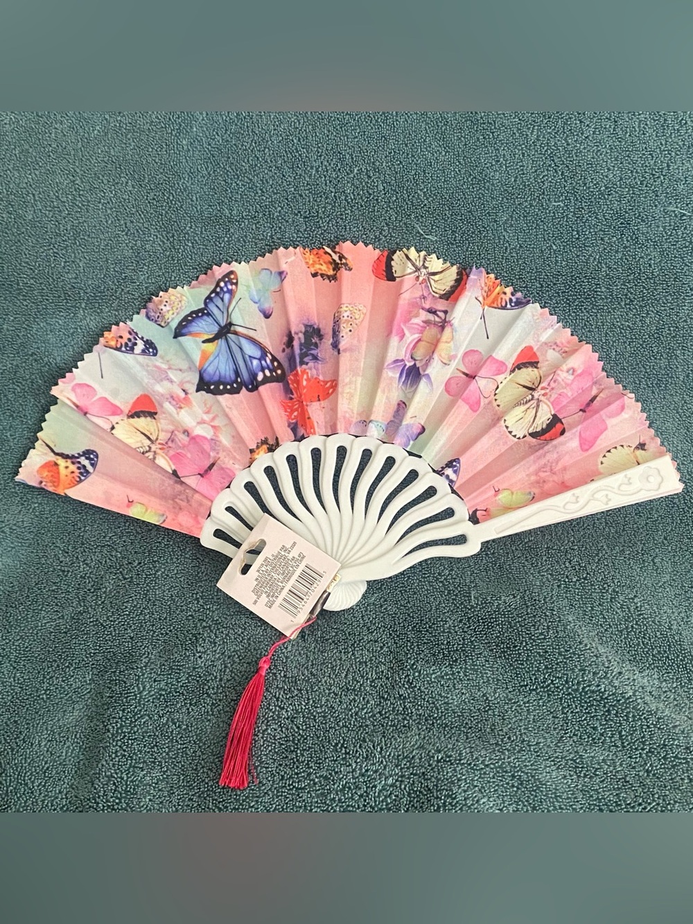 New Folding Hand Fan Butterflies Blue Pink Plastic Handle Nylon Blades 15”W 9”H